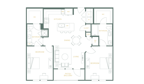 A floor plan of a house with a living room, dining room, kitchen, and two bedrooms.
